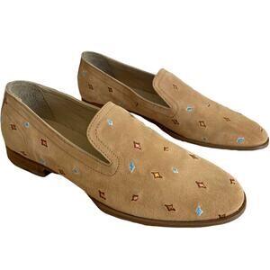 Rag & Bone Amber Embroidered Suede Rounded Point Slip On Loafer Flat Tan 38 US 8